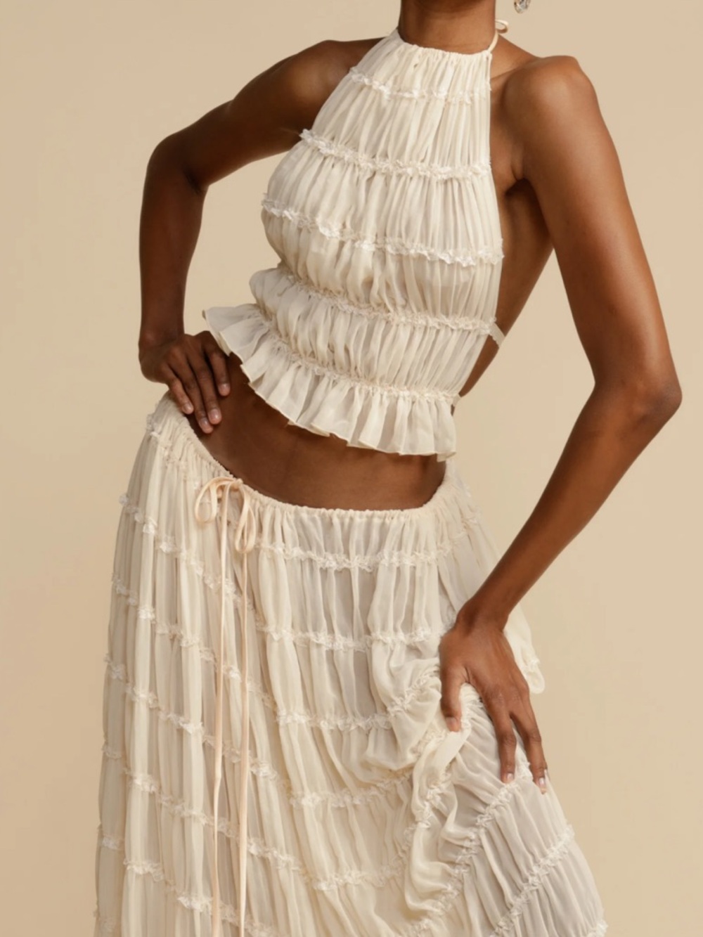 NWT Arcina Ori Cream Ruffled Halter Top and Skirt Set
